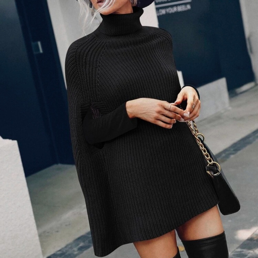 Preppy turtleneck ribbed knit slit poncho sweater cloak sleeve - Picture 7 of 7